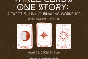 Three Cards, One Story: A Tarot & Junk Journaling Workshop – April 21, 2026 5pm to 7pm (Taught by Summer and KC, Classrooms A&B $42)